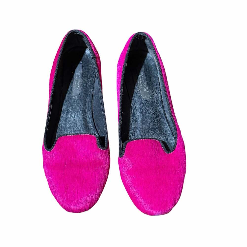 Size 6.5 Zara Woman Hot Pink Calf Hair Loafer Flats
